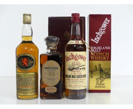 1 26 2/3 fl oz bt Grand Alastair Deluxe Scotch Whisky 75° proof sl bs 1 70-cl bt Knockando 1977 Extra Old Pure Single Malt Sc