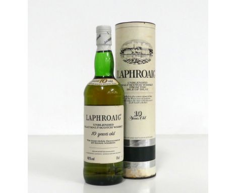 1 75-cl bt Laphroaig 10YO Unblended Islay Malt Scotch Whisky, Pre-Royal Warrant 40% sl st neck label, original tube -sl damag