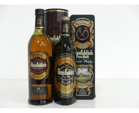 1 litre bt Glenfiddich Solera Reserve 15YO Pure Single Malt Scotch Whisky original tube 43% 1 75-cl bt Glenfiddich Special Ol