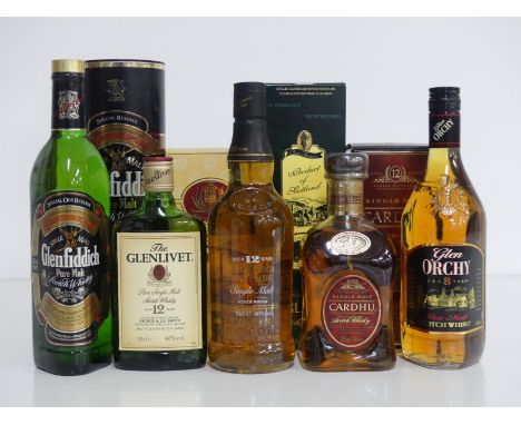 1 70-cl bt Glenfiddich Special Old Reserve Single Malt Scotch Whisky 40% original tube 1 35-cl bt The Glenlivet 12 YO Pure Si