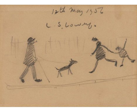 ‡ LAURENCE STEPHEN LOWRY RBA RA (English 1887-1976) pencil on paper - street with gentleman walking dog and mother with child
