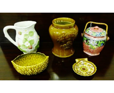 A mixed lot to include a brown glazed snuff jar, a Maling hexagonal thumb print biscuit barrel and cover, a Quimper shell sha