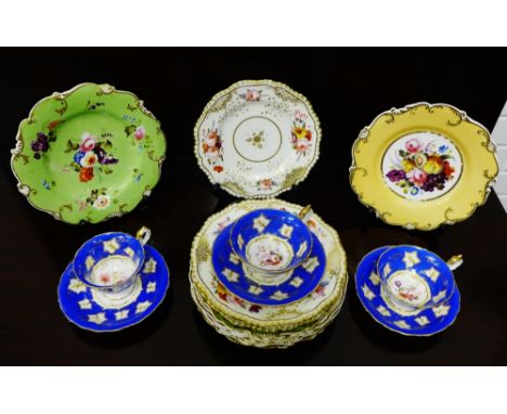 A collection of 19th century English tea wares and porcelain plates to include seven blue glazed and gilt rimmed cups and sau