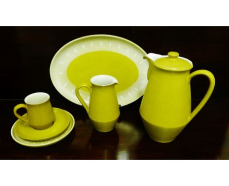 A Denby stoneware coffee set comprising ten cups, ten saucers, ten side plates, an oval serving tray, coffee pot and cream ju