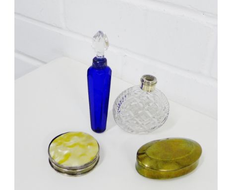 A mixed lot to include a Birmingham silver mounted circular box, an oval brass snuff box, a silver mounted cut glass scent bo