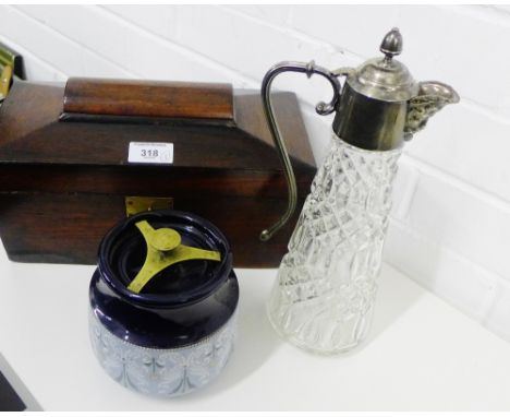 A mixed lot to include a 19th century rosewood caddy of sarcophagus form, together with a stoneware tobacco jar and an Epns m