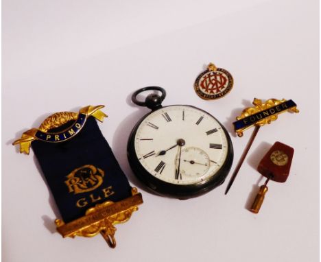 A Chester silver cased pocket watch together with gilt metal and enamel pins etc., (5) 