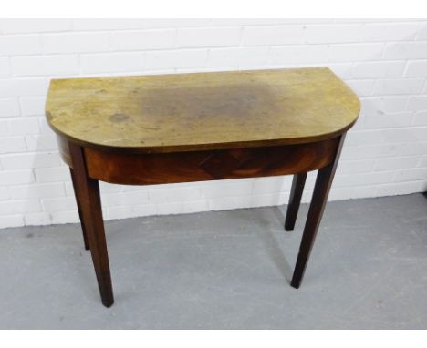 A mahogany D end table, raised on square tapering supports, 72 x 94cm