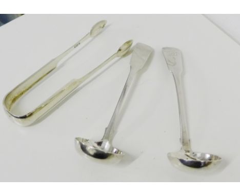 Two Scottish 19th century silver ladles to include one with makers marks for Alexander Cameron, together with a pair of 19th 