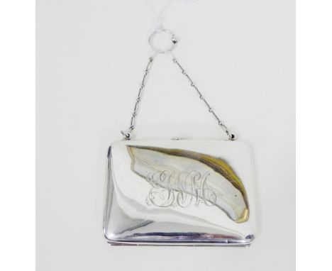 Birks sterling silver leather lined card case, on ring and chain suspension 
