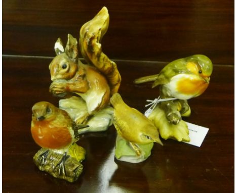 A Beswick figure of a Robin, a Royal Worcester figure of a Wren, another unmarked figure of a Robin and a Squirrel, (4) 