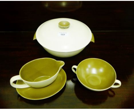 A quantity of Poole table wares to include six twin handled bowls, a sauce boat, two tureens, an oval serving plate and two l