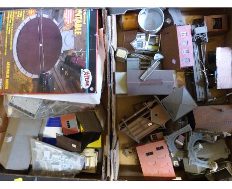 A quantity of 00 gauge track, buildings and accessories including a quantity of Bachmann E-Z track, points and Dapol sound sh