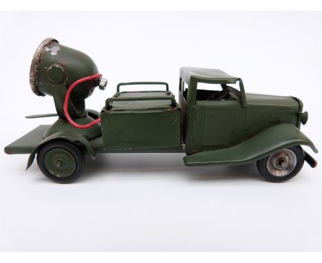 Tri-ang Minic clockwork tinplate Military Search Vehicle with green cab and body, battery-powered search light, Shell fuel ca