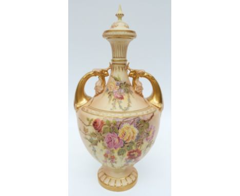 Worcester blush ivory, twin handled covered lidded vase, shape No. 1683, 31cm tall 