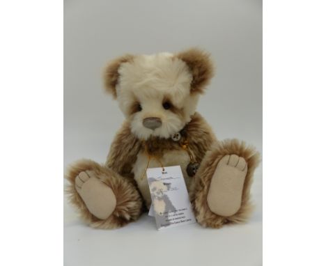 Charlie Bears Isabelle Collection Teddy Bear Tamara, with brown and cream mohair, button and bell decoration and jointed limb