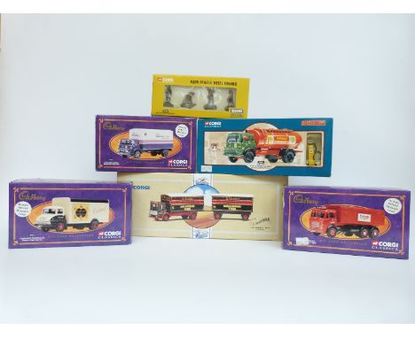 Five Corgi diecast model commercial vehicles comprising three Cadbury lorries, Bedford KM Box Lorry 18701, Leyland 6 Wheel Ti