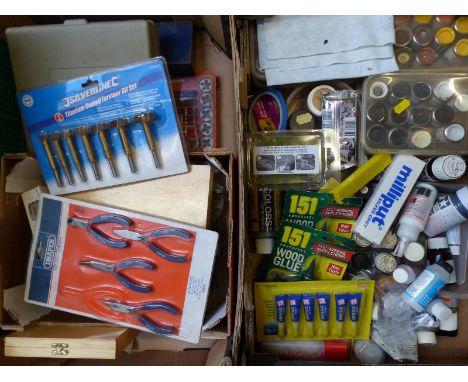 A quantity of modelling paint, tools etc including Humbrol enamels, taps and dies, clamps etc 