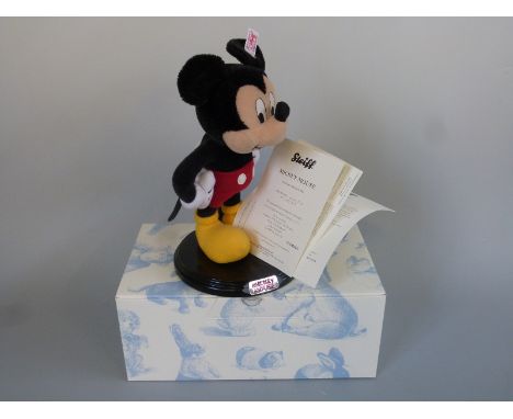 Steiff Teddy Bear Mickey Mouse with shaped body and named plinth, limited edition 145/1500, 25cm tall, with box and certifica