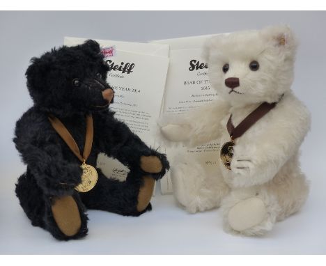 Steiff Teddy Bear of the Year 2014 with black mohair, 31cm, limited edition 610 and Bear of the Year 2015 with cream mohair, 