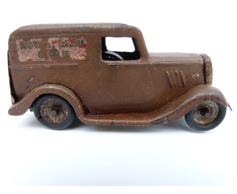 Tri-ang Minic clockwork tinplate Royal Mail Ford Light Van with brown body, red transfers, yellow fuel can and key