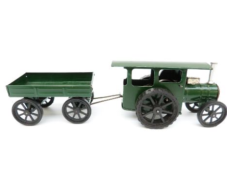 Tri-ang Minic clockwork tinplate Steam Roller and Trailer with green body, black wheels and original key