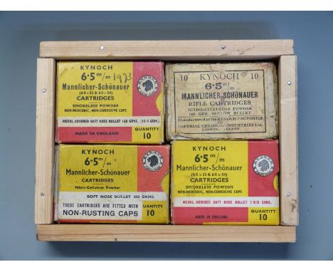 Twenty Kynoch Mannlicher-Schonauer 6.5mm rifle cartridges, in original boxes together with two empty boxes. PLEASE NOTE THAT 