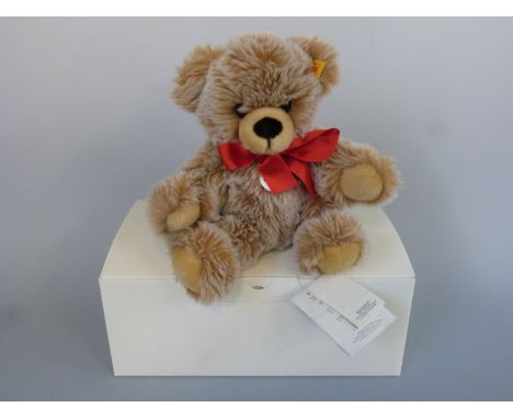 Steiff Original Teddy Bear Bobby with brown tipped mohair, soft body and red ribbon, 30cm tall, with Steiff box