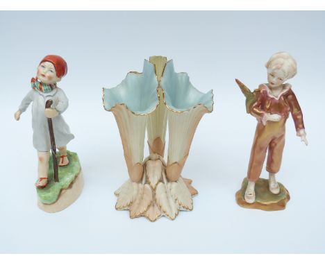 Two Royal Worcester figures Parakeet Boy and Thursday's Child and a Locke & Co blush ivory triple trumpet vase