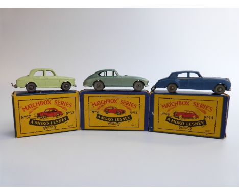 Three Moko Lesney Matchbox diecast model cars 44, 53 and 57, all in original B3 boxes. 