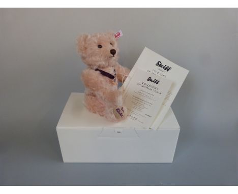 Steiff Teddy Bear The Queen's 90th Birthday with pale pink mohair, crown necklace, Queen Elizabth II 2016 embroidery and join