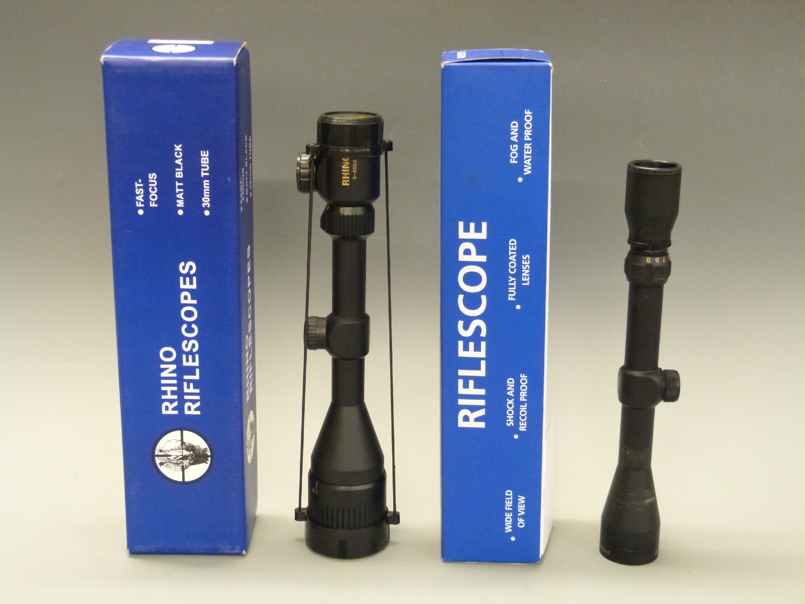 Two rifle scopes Rhino 39x50 in original box and Tasco 39x40 in Range