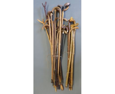 A large collection of walking sticks, thumb sticks, vintage golf clubs etc 