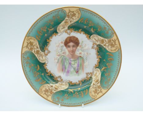 A German hand painted over transfer portrait cabinet plate 