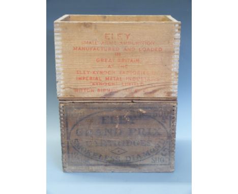 Two Eley wooden shotgun cartridge or ammunition boxes.