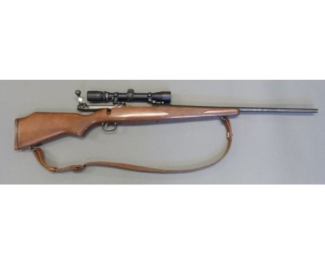 Savage model 14 .243 WIN bolt action rifle with chequered grip and forend, brown leather sling, Bushnell Sportview scope and 