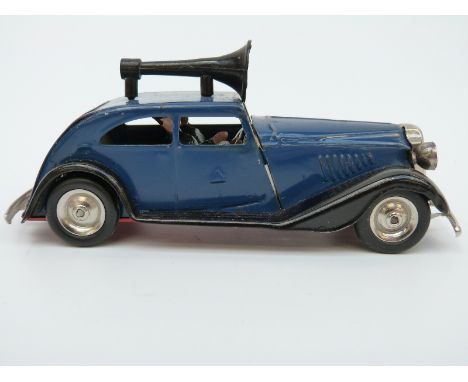 Tri-ang Minic clockwork tinplate Traffic Control Car with blue and black body, loud speaker, two policemen and original key