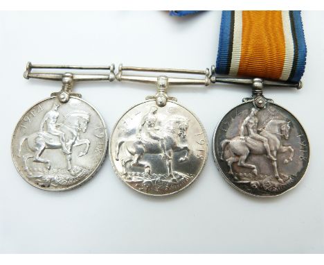 WWI three War medals named to 15278 PTE J T Parker Cameron Highlanders, 32419 PTE G Davidson Durham Light Infantry and 11998 