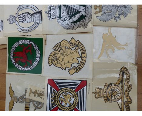 British Army decals including Airborne, RAC, Mercian and one Artists Rifles, printed at the Army Sign Centre, various sizes, 
