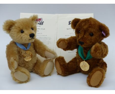 Steiff Teddy Bear of the Year 2016 with beige mohair, limited edition 246 and Bear of the Year 2017, brown mohair, limited ed