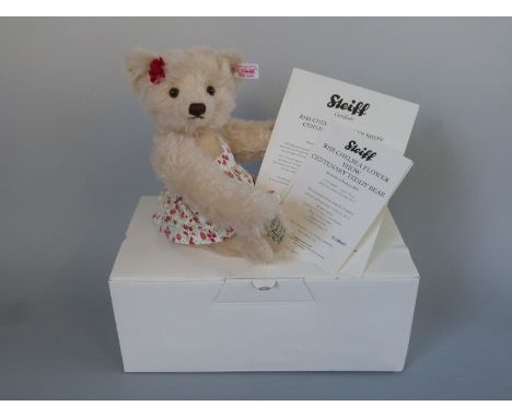 Steiff Teddy Bear RHS Chelsea Flower Show Centenary with cream mohair, rose, floral dress, embroidered pads and jointed limbs