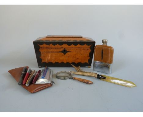 A tea caddy, pens, hip flask, Stanhope letter opener