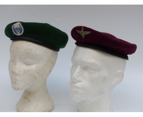 British Army Parachute Regiment beret and cap badge, beret marked J Collet Ltd, London 1943 together with a green beret with 