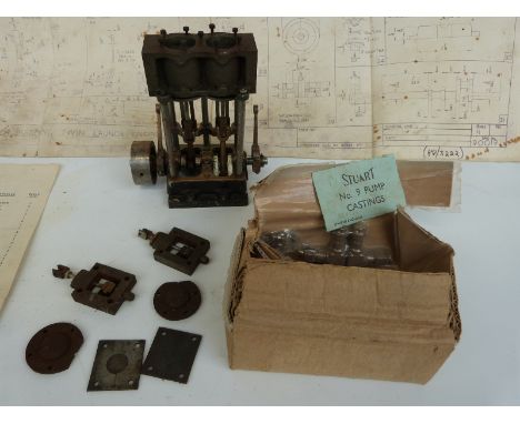 A part-built Stuart Turner twin launch live steam engine with drawings and boxed No 9 pump castings