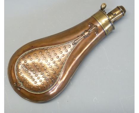 G & J W Hawksley copper and brass powder flask with floral pattern decoration and scrolling border, 19.5cm long. 