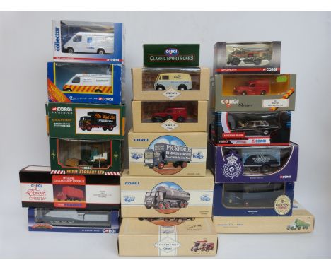 Eighteen Corgi diecast model commercial vehicles including Eddie Stobart, James Bond Octopussy, Royal Worcester, Rail Legends