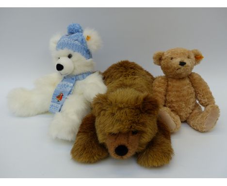 Three Steiff Teddy Bears Urs, Winter with white mohair, knitted scarf & hat and one other