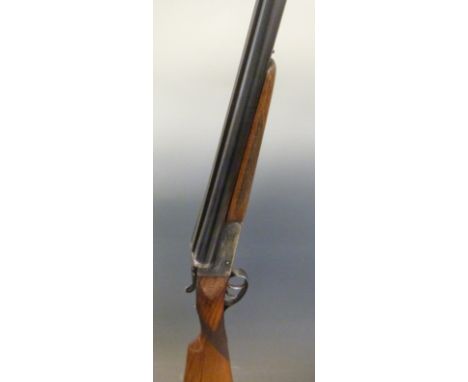 Miguel Labranga 12 bore side by side shotgun with engraved lock, top plate, underside and trigger guard, chequered grip and f
