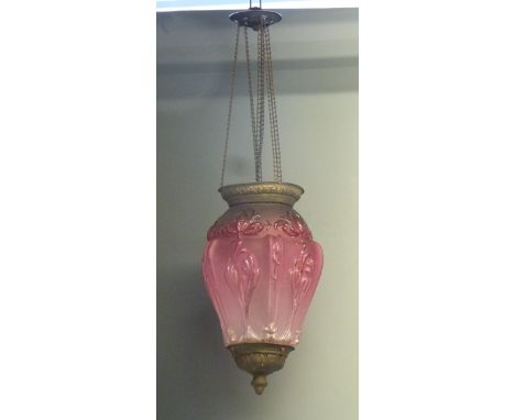 A Victorian / Art Nouveau cranberry glass hanging lamp, total drop 71cm