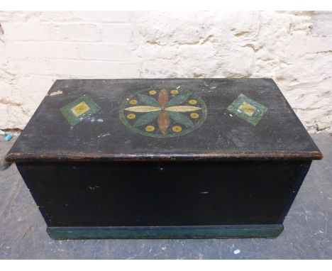 A 19thC painted pine travelling trunk with rope handles W95 x D47 x H47cm